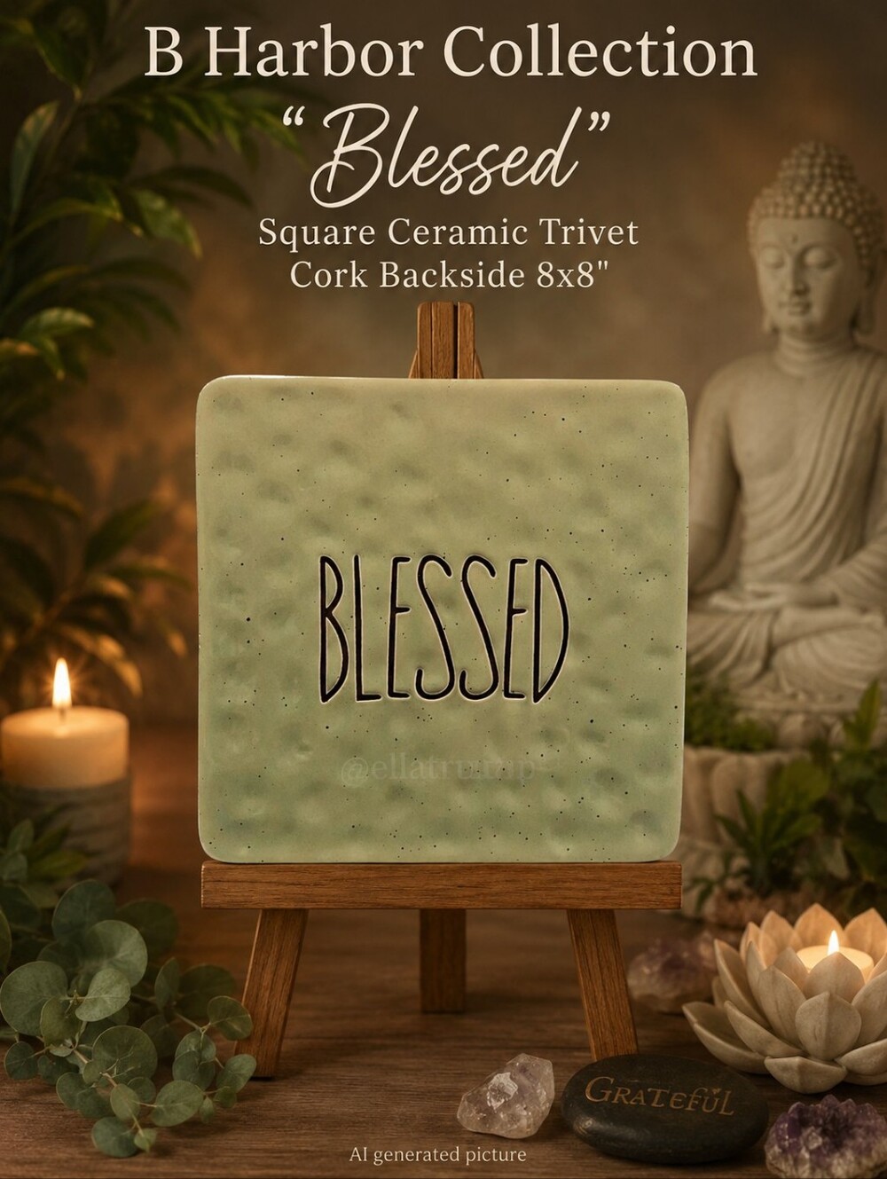B Harbor Collection "Blessed" Square Ceramic Trivet cork backside 8x8"